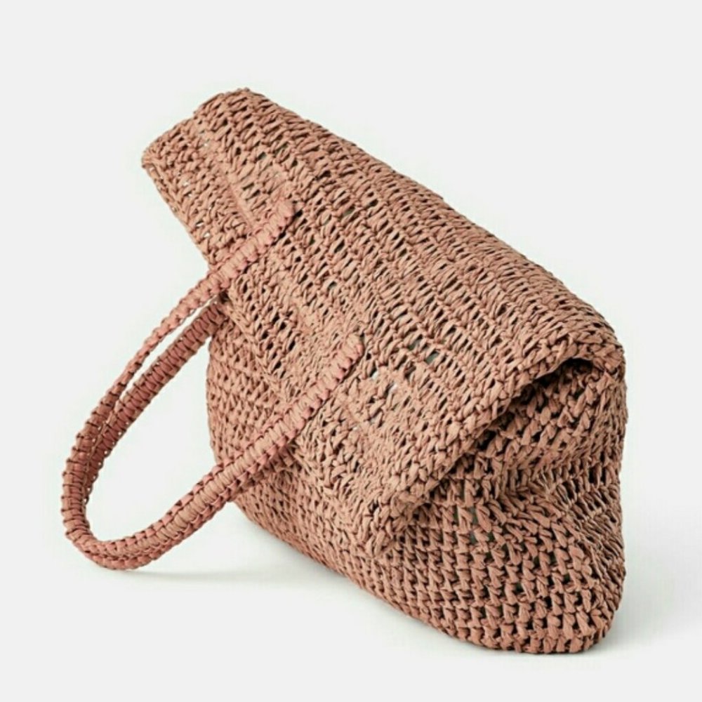 NWT Rare Zara Woven BRAID Paper Tote Summer Bag Pale Pink - Picture 9 of 13